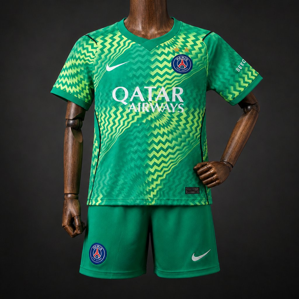2 stars 26 27 kids psg paris saint germain green goalkeeper jersey front 2 Stars 26 27 Kids PSG Paris Saint Germain Green Goalkeeper Jersey - Front