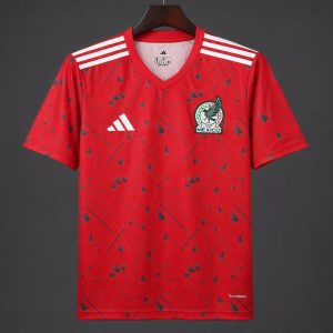 2026 Mexico Red Soccer Jersey with Green Geometric Triangles and Stripe - Front