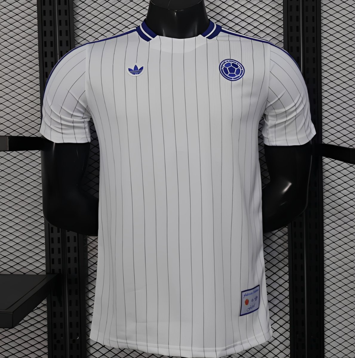 2026 player version colombia white with blue vertical stripe jersey front 2026 Player Version Colombia White with Blue Vertical Stripe Jersey - Front