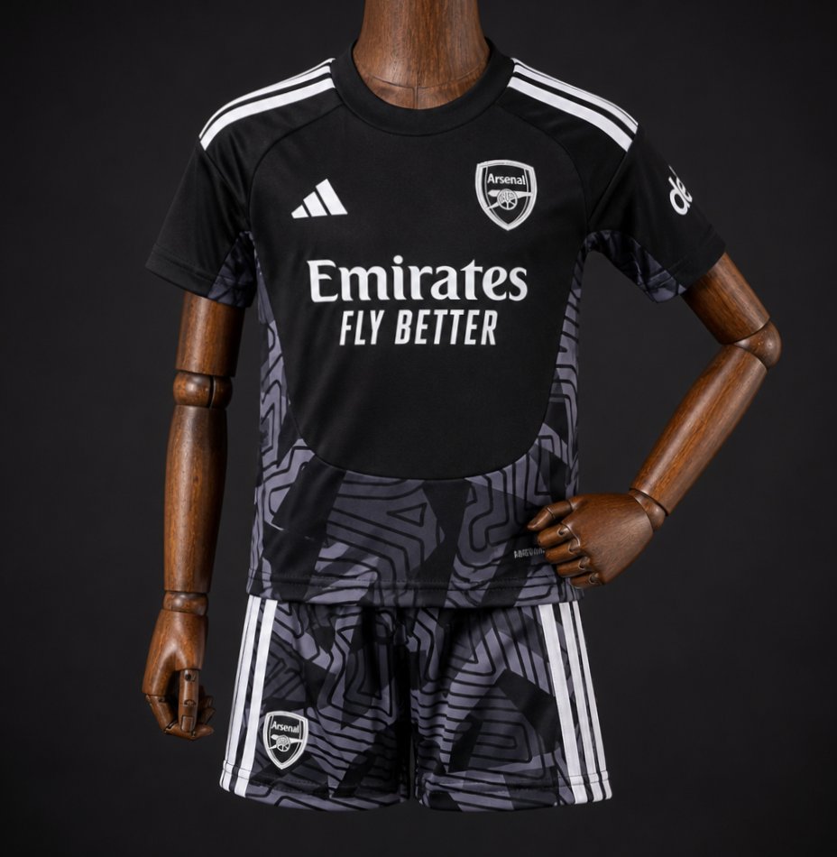 26 27 kids arsenal black with dark grey geometric contour pattern goalkeeper jersey set front 26 27 Kids Arsenal Black with Dark Grey Geometric Contour Pattern Goalkeeper Jersey Set - Front