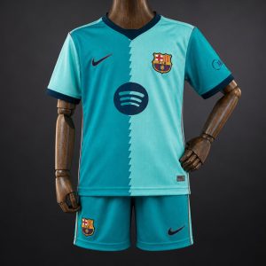26 27 Kids Barcelona Teal Third Jersey Kit - Front