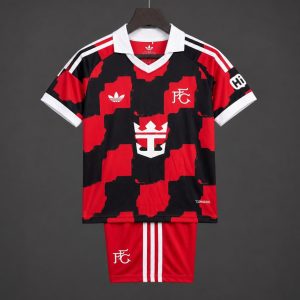 26 27 Kids Fulham Away Red Black Kits Jersey - Front