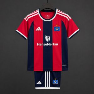 26 27 Kids Hamburger SV Third Red Black Stripes Jersey Kit - Front