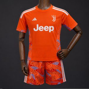 26 27 Kids Juventus Orange with Abstract Maze Pattern Goalkeeper Jersey Set - Front