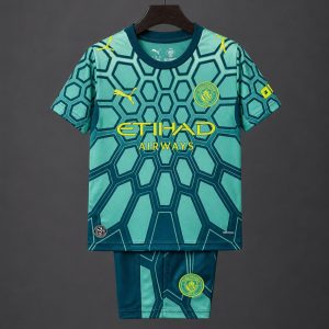 26 27 Kids Manchester City Vibrant Green Goalkeeper Jersey With Dark Blue Geometric Pattern - Front