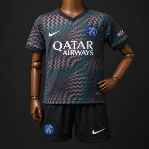 26 27 Kids PSG Paris Saint-Germain Home Goalkeeper Black Blue Zigzag Pattern Jersey - Front