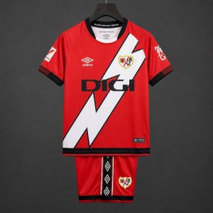26 27 Kids Rayo Vallecano Away Red Jersey Kit - Front