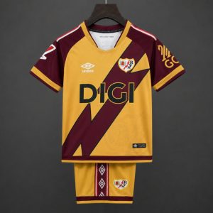 26 27 Kids Rayo Vallecano Yellow & Maroon Away Jersey Kit - Front