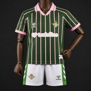 26 27 Kids Real Betis Balompié Dark Forest Green with Pink Pinstripe Polo Collar Special Edition Jersey - Front
