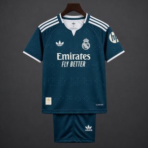 26 27 Kids Real Madrid Teal Away Jersey Kit - Front