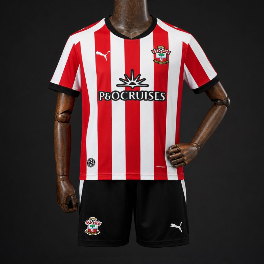 26 27 kids southampton fc red & white vertical stripes home jersey kit front 26 27 Kids Southampton FC Red & White Vertical Stripes Home Jersey Kit - Front