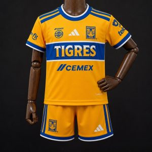 26 27 Kids Tigres UANL Gold With Blue Jersey Kit - Front