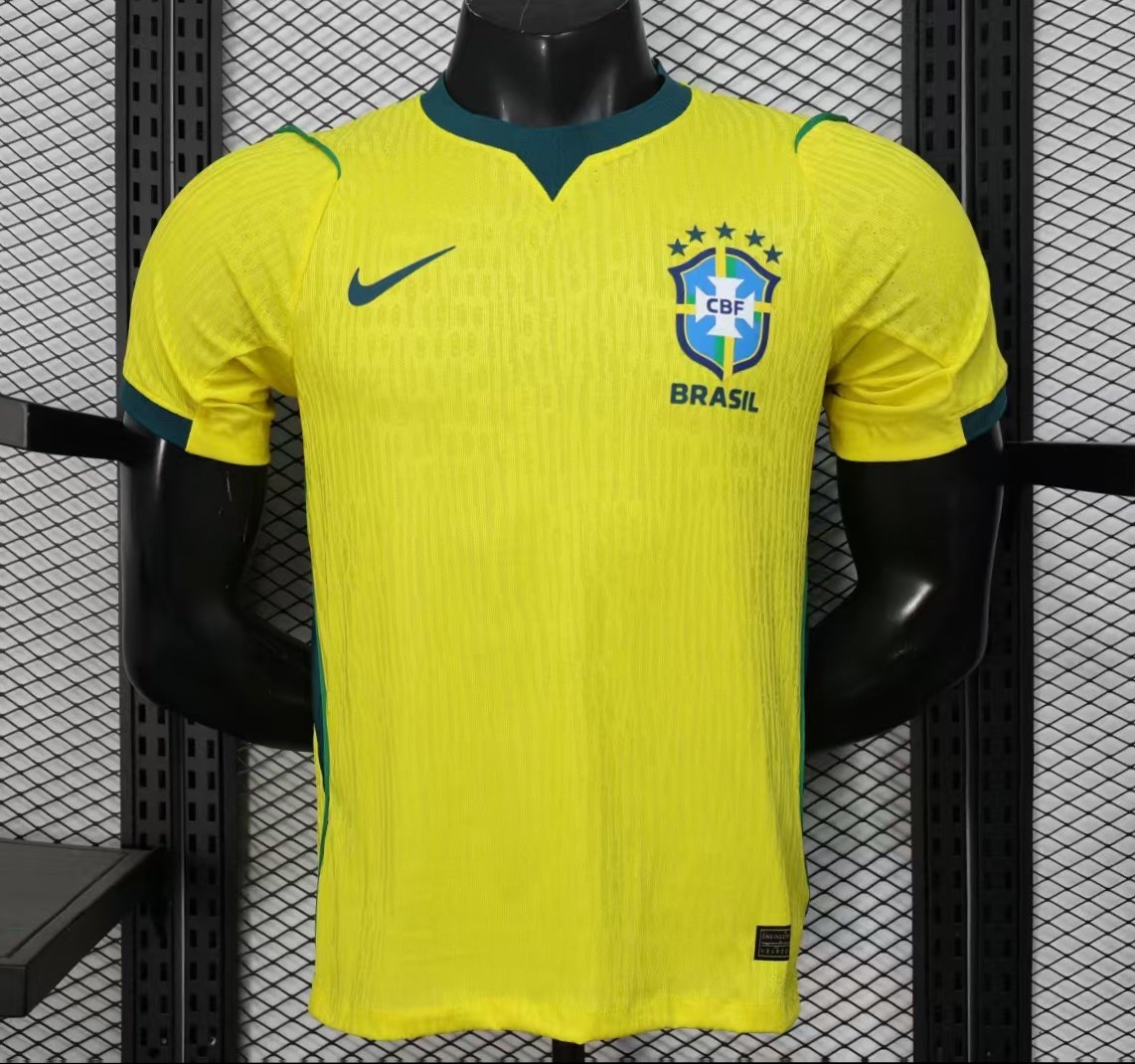 player version 2026 brazil home yellow with vertical stripe pattern jersey front Player Version 2026 Brazil Home Yellow with Vertical Stripe Pattern Jersey - Front