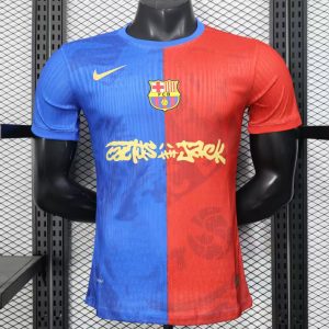 Player Version 25 26 Barcelona Travis Scott Blue with Red Half Split Jersey - Front
