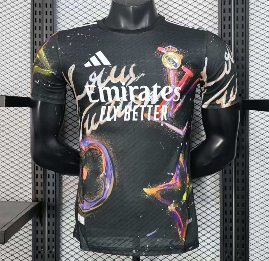 player version 25 26 real madrid black with colorful abstract art pattern jersey front Player Version 25 26 Real Madrid Black with Colorful Abstract Art Pattern Jersey - Front