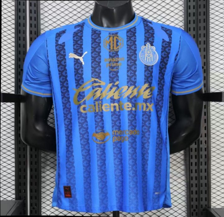 player version 26 27 chivas guadalajara away blue with dark stripe pattern jersey front Player Version 26 27 Chivas Guadalajara Away Blue with Dark Stripe Pattern Jersey - Front