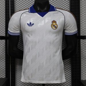 New arrivals Player Version 26 27 Real Madrid Home White with Blue Collar & Jacquard Pattern Jersey - Front