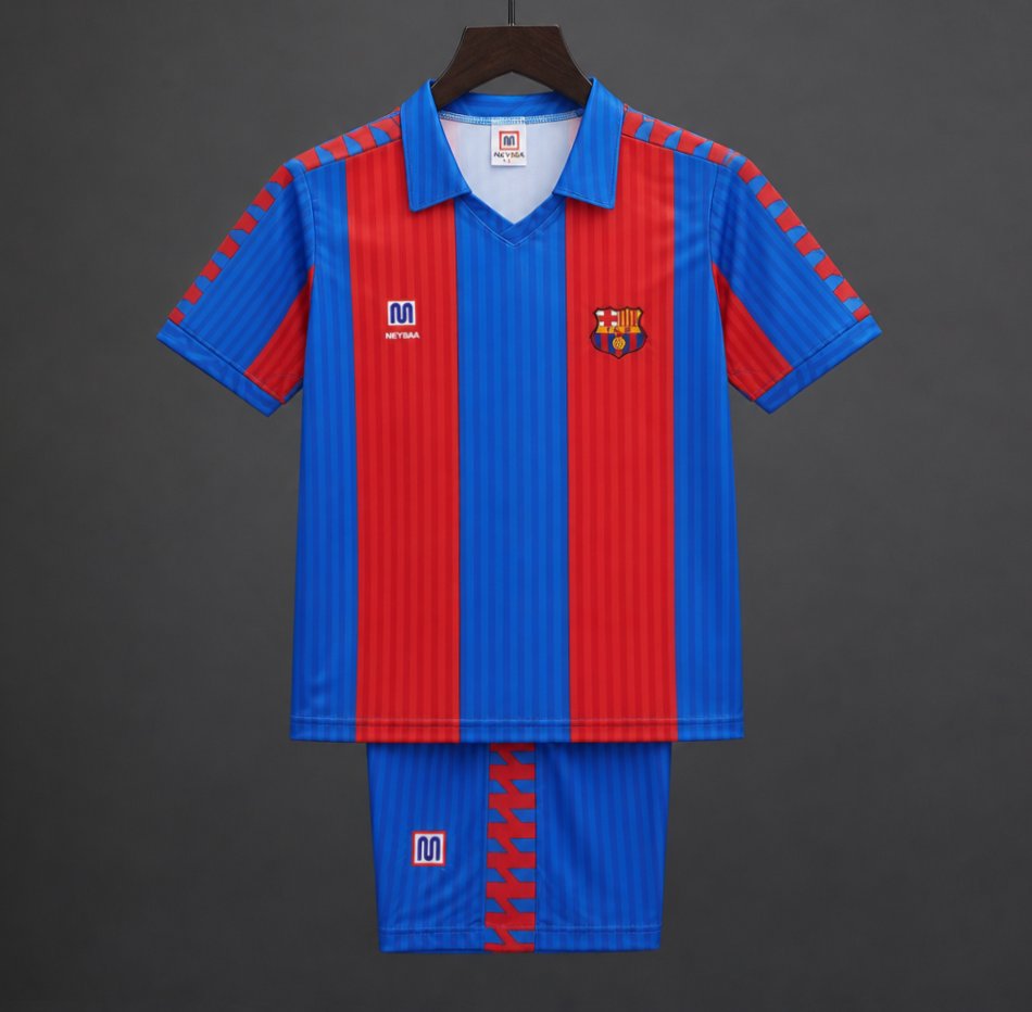 retro 1989 92 kids fc barcelona blue & red stripe home jersey front Retro 1989 92 Kids FC Barcelona Blue & Red Stripe Home Jersey - Front