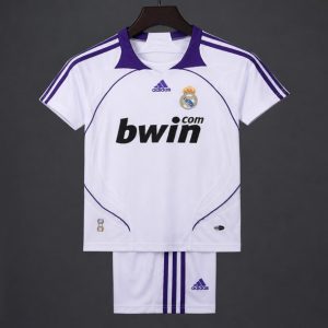 Retro 2007 08 Kids Real Madrid White & Purple Home Jersey - Front