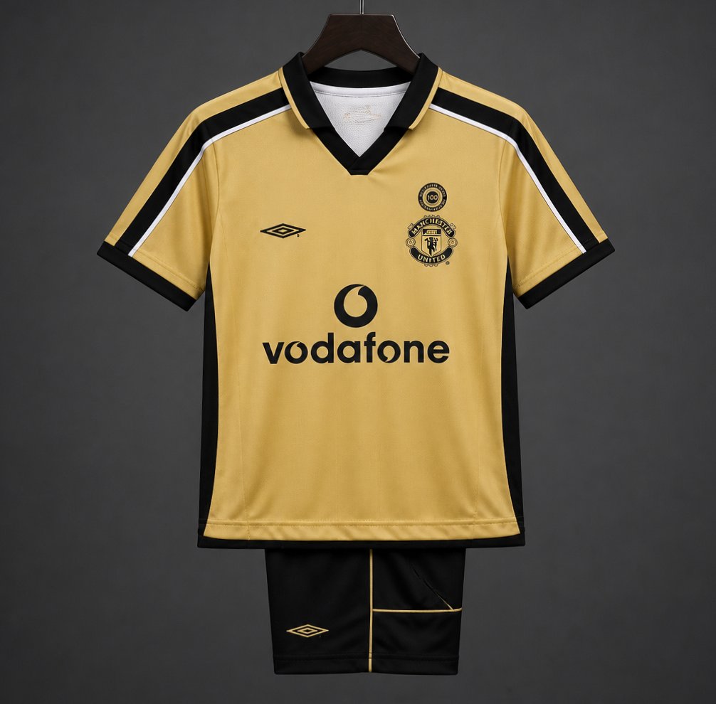 retro kids 01 02 manchester united centenary golden reversible jersey front Retro Kids 01 02 Manchester United Centenary Golden Reversible Jersey - Front