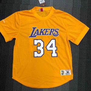 Mitchell & Ness Los Angeles Lakers Yellow #34 Shaquille O'Neal Retro Mesh Short-Sleeve Shirt - Image 1
